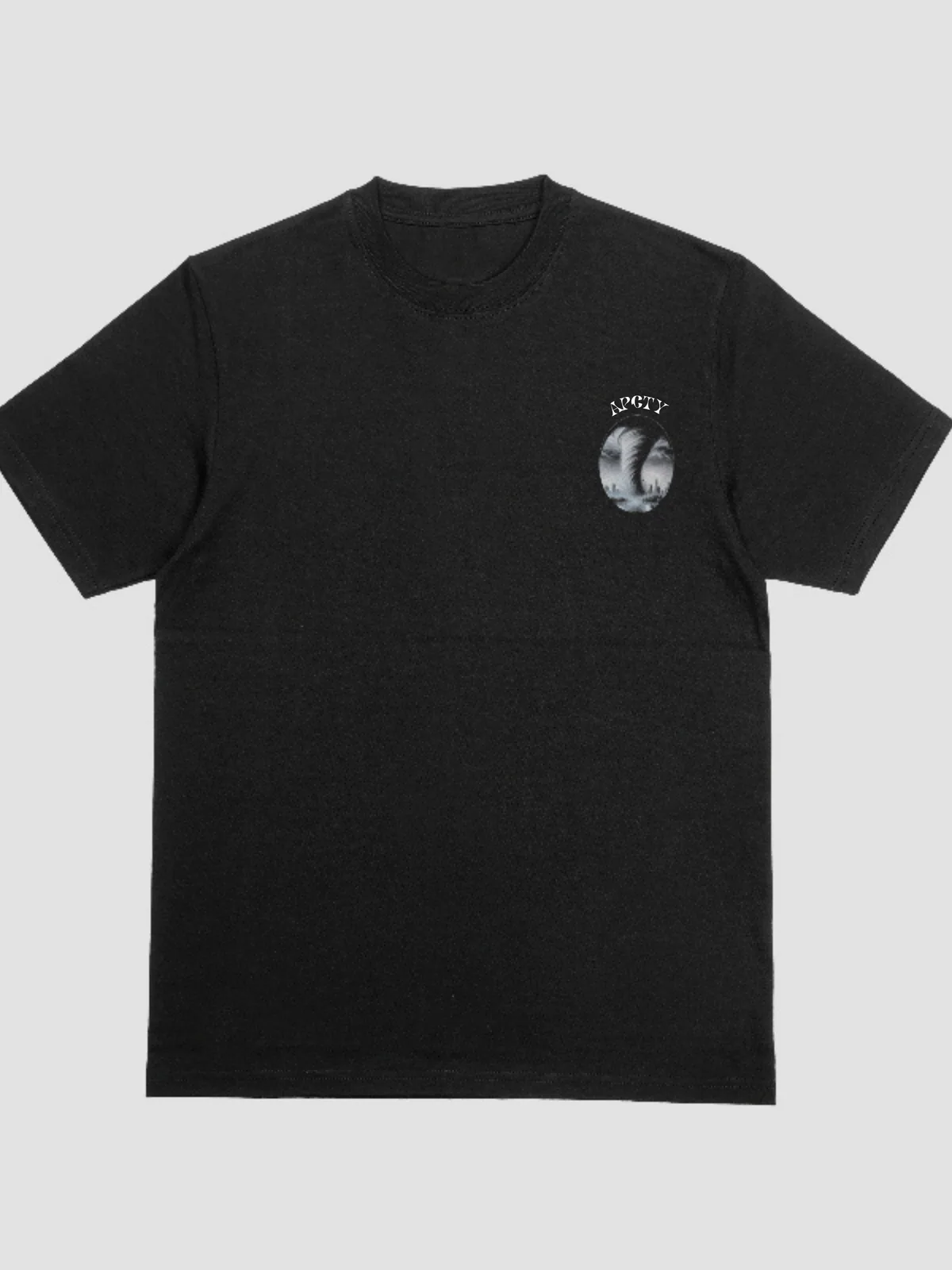 APCTY Storms Come Tee in black, front view on a studio background