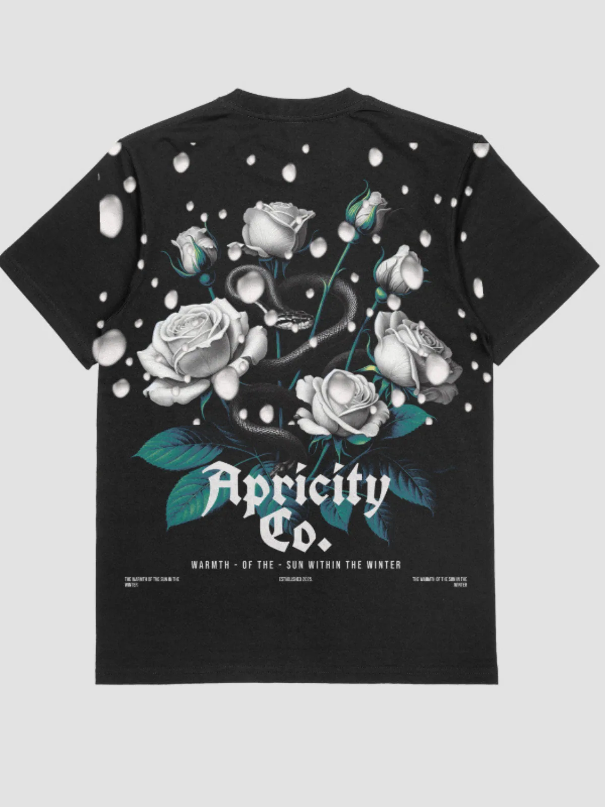 Back view: a black snake coiled through white roses above Apricity Co.